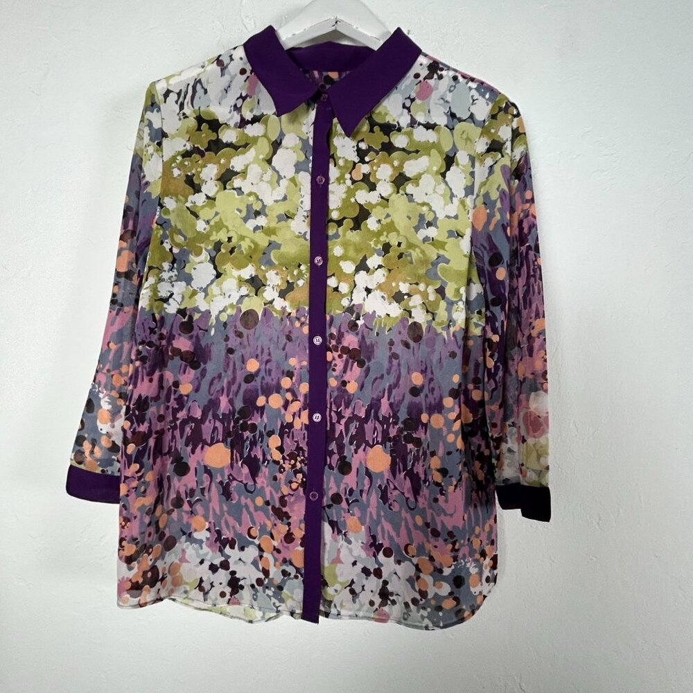W118 By Walter Baker Womens Abstract Print Sheer Button-Down Shirt Medium Purple